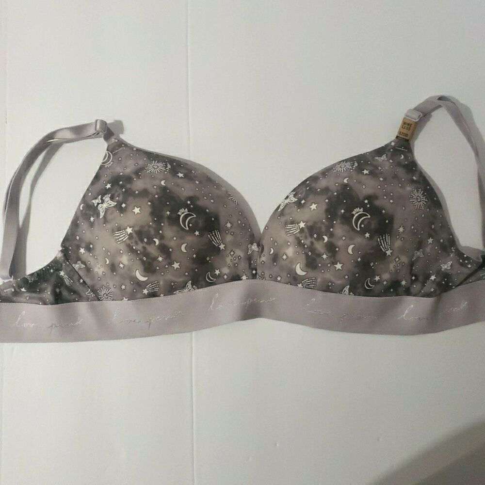 NWT Victoria Secret PINK Everywhere Wireless Push Up Bra Moon Star 32DD Gray